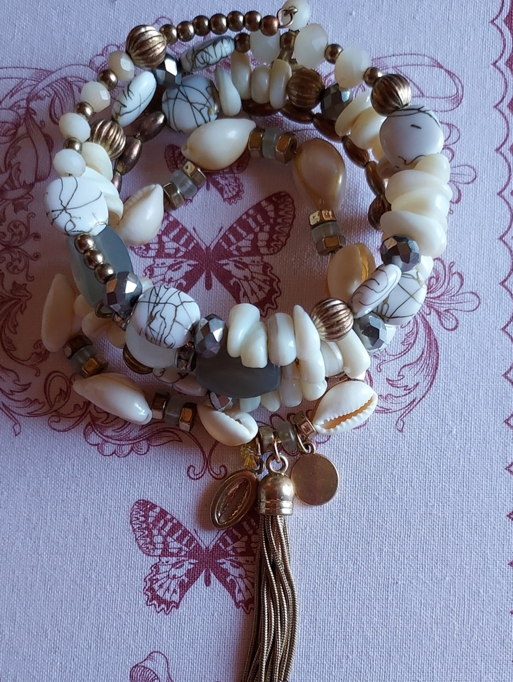 Boho Cream & Gray Multi-Strand Beaded Bracelet with Tassel